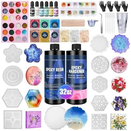 Epoxy Resin Kit for Beginners, 32oz Resin Kit with Coaster Molds, Complete Accessories Include Pigment, Mica Powders, Dried Flowers, Glitter, Measuring Cups and Other Resina Supplie$$