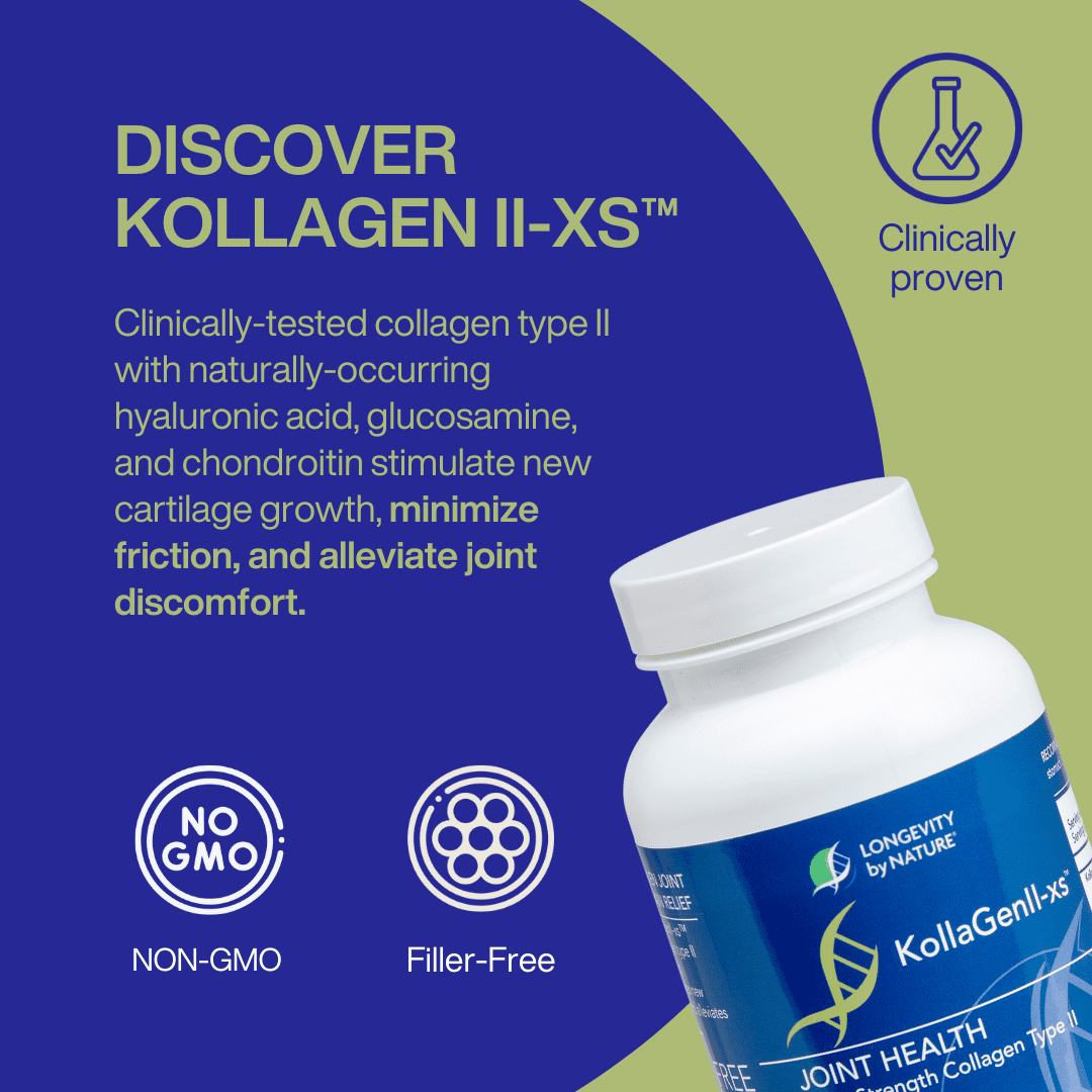 Longevity by Nature, KollaGen II-xs Collagen Type II, Hyaluronic Acid Supplements, 120 Capsules