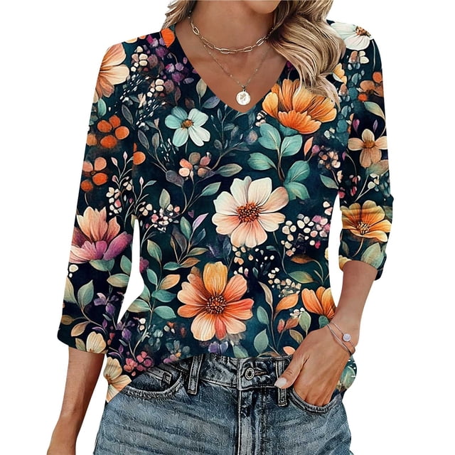 Ounisa T-Shirts à Manches 3/4 pour Femmes Col en V Manches Raglan Chandail Imprimé Décontracté Tendance Printemps Été Mode Hauts P-2TG