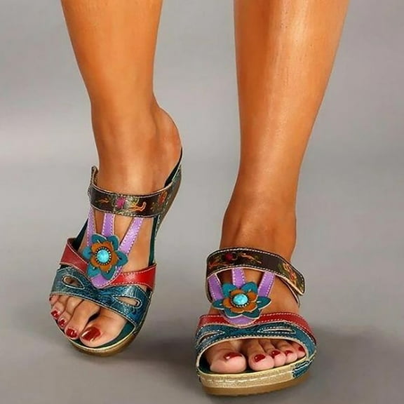 Orthopedic Wedge Sandals for Women Dressy Slip on Western Ethnic Wedges Sandals with Arch Support, Casual Comfortable Summer Beach Walking Shoes