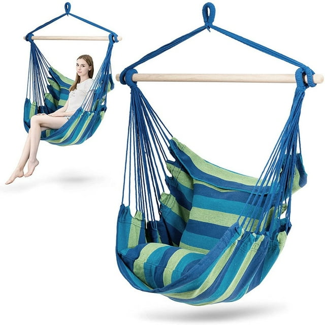 Hammock Chair Hanging Rope Swing with 2 Cushions Anti-Slip Rings for Any Indoor or Outdoor Spaces