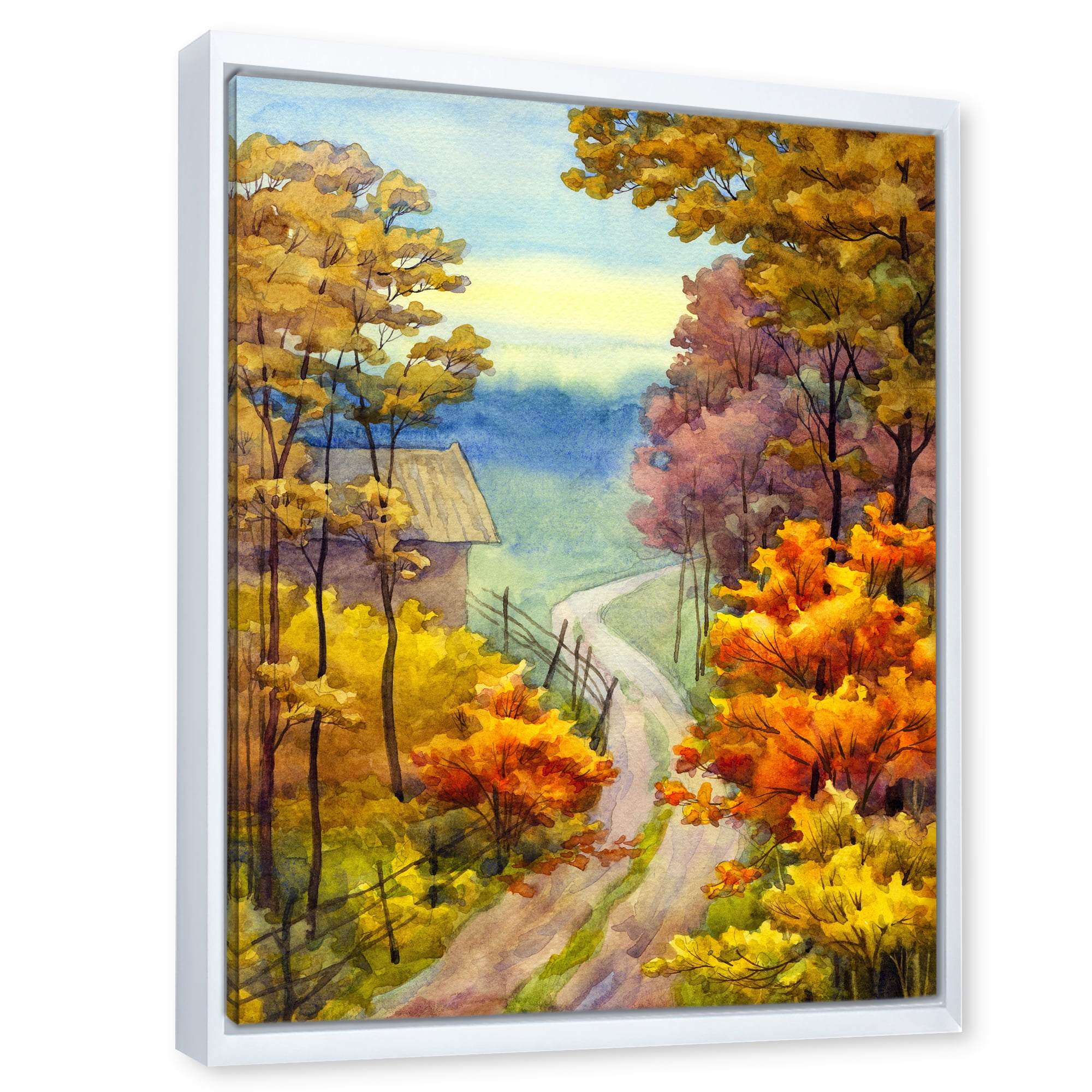 Little Road Through VIbrant Autumn Scene 16 in x 32 in Framed Painting Canvas Art Print, by Designart