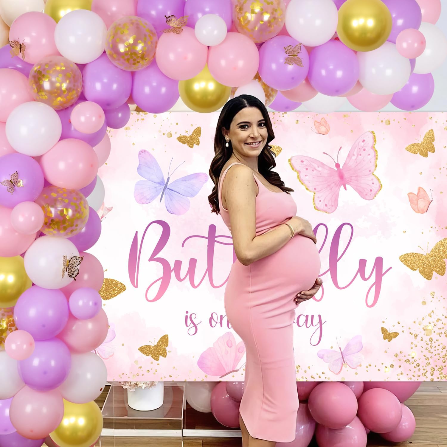 A Baby Butterfly Is On The Way Baby Shower Decorations Purple Gold Balloon Garland Arch Kit Glitter Butterfly Backdrop Golden Butterfly Wall Stickers for Girls Baby Shower Gender Reveal Decor Supplies