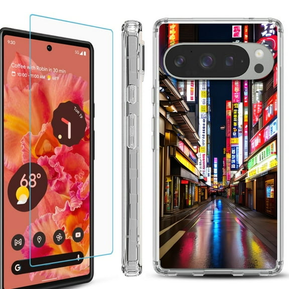 For Google Pixel 9 / 9 Pro Phone Case Cover, Shockproof Bumper Case with Tempered Glass Screen Protector, by OneToughShield - Neon Street