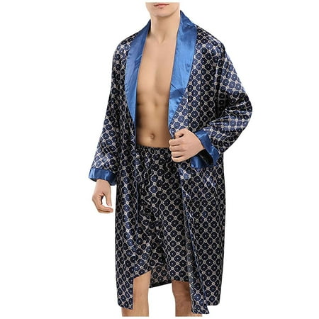 

YFPWM Men s Pajamas Set Long Sleeve Soft Classic Sleepwear Loungewear Long Sleeve Lace up Pocket Home Long Pajama Robe Shorts Blue XXXL