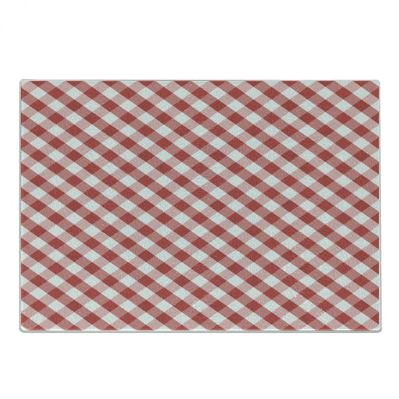 Checkered Cutting Board, Crosswise Stripes with Little Red Squares Retro Abstract Pattern, Decorative Tempered Glass Cutting and Serving Board, Small Size, Dark Coral Pale Pink, by Ambesonne