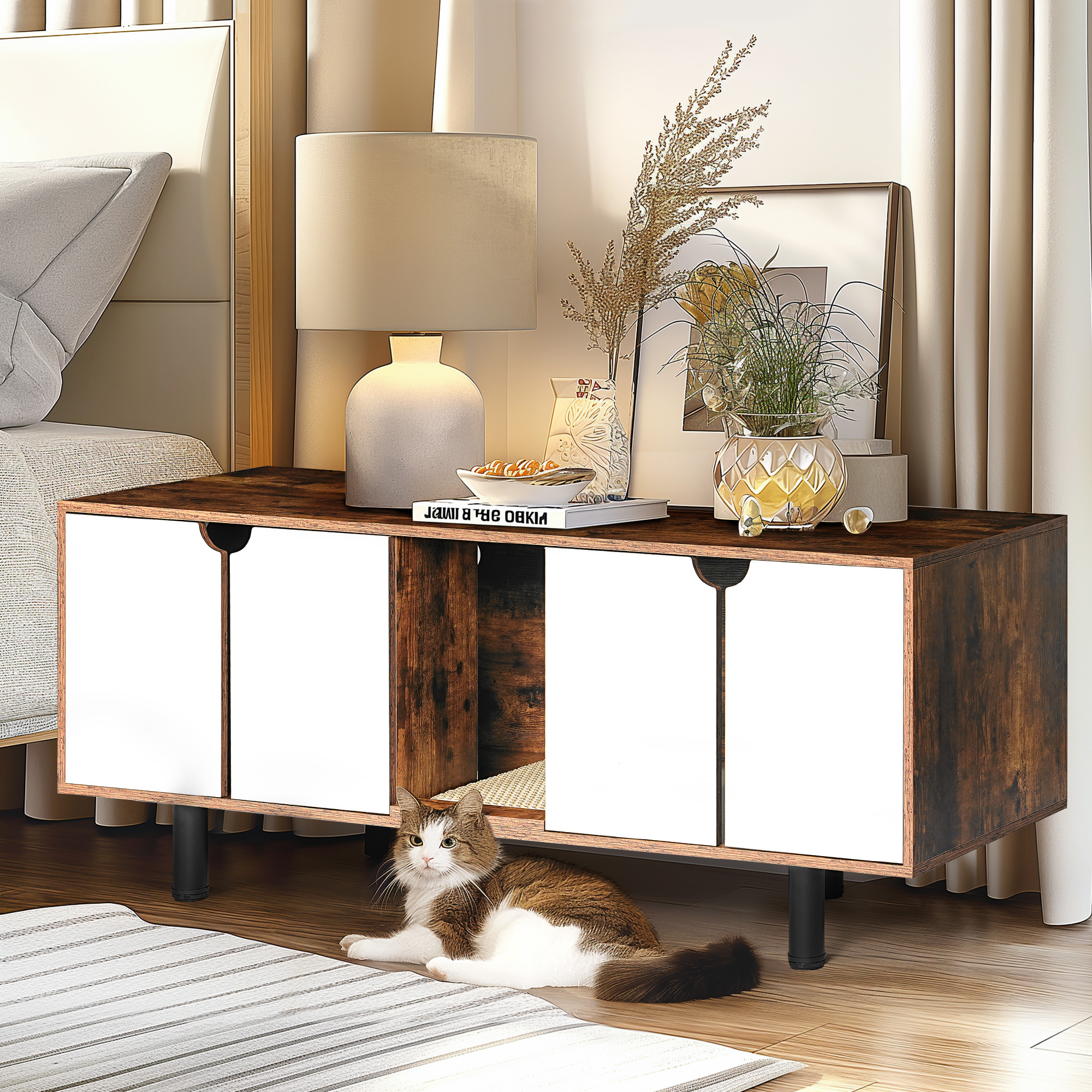 resenkos 59" Cat Litter Box Enclosure for 2 Cats, Large Cat Litter House, Spacious Hidden Cat Washroom for Most of Litter Box, Cat Furniture Cabinet, Brown