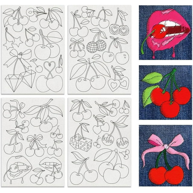 4 Sheets Cherries Soluble Embroidery Stabilizers 41pcs Fruit Embroidery Paper with Pre-Printed Sewing Embroidery Stabilizers for Embroidery Hand Sewing Lover Beginners