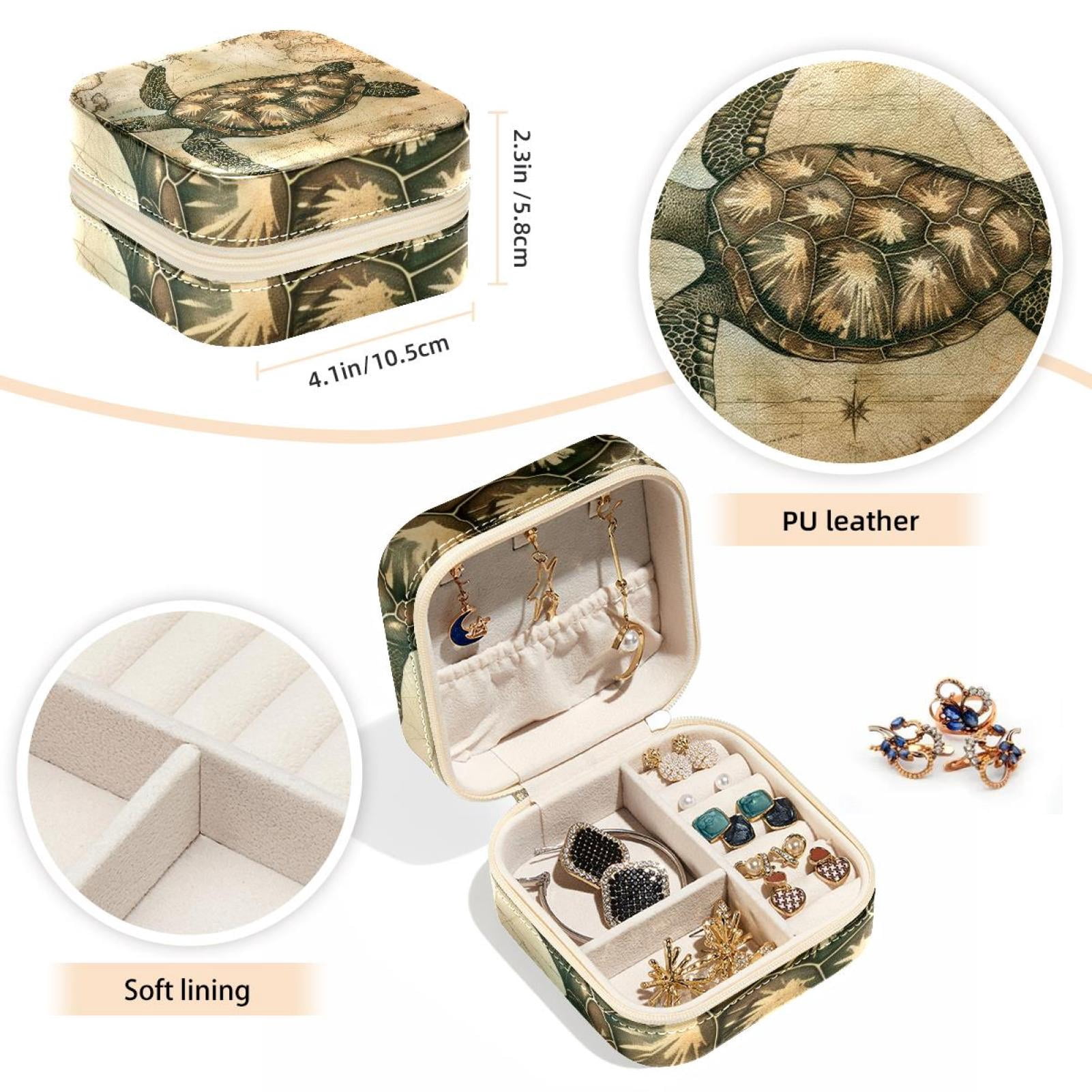 PhooArto Small Jewellery Box, Retro Map Sea Turtle Portable Travel Mini Jewelry Case for Women Leather Ring Organizer