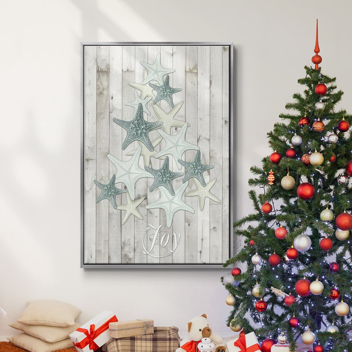 Coastal Christmas III - Framed Gallery Wrapped Holiday Canvas - 17 x 25 - Silver Frame