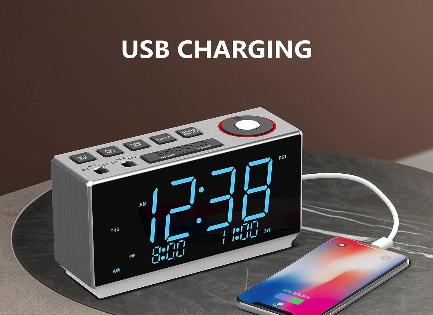 Alarm Clock with FM Radio, USB Charging, 1.8'' Ice Blue LED Display, Night Light, Dual Alarm, Snooze, Dimmer Control, Bedside Office Electronic Clock iTOMA CKS508
