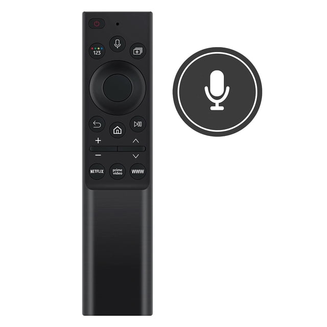 bn59-01357c control remoto por voz de repuesto para samsung neo qled tv qn55ls03aafxza Control remoto de repuesto BN59-01357C en negro, vista frontal alargada con botón de micrófono integrado, rueda direccional circular, botones de volumen, canales, inicio y regreso y teclas rápidas para Netflix y Prime Video; requiere 2 pilas AAA y debe emparejarse con el televisor antes de usar; también suele usarse como mando de repuesto en áreas de demostración o salas de espera.