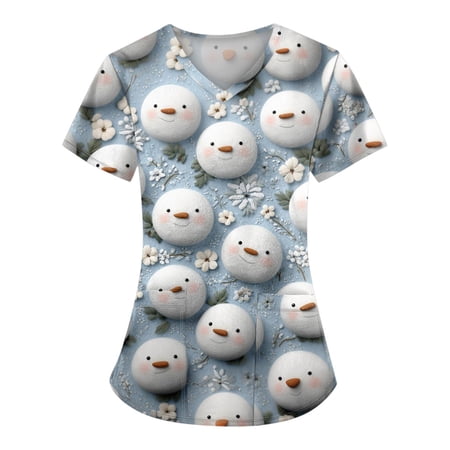 Xmas Scrubs for Women V Neck Short Sleeve Printed Scrub Tops Christmas Cartoon Pattern Plus Size Medical Nursing Uniform with Pockets - 03 - Light Blue - 4XL