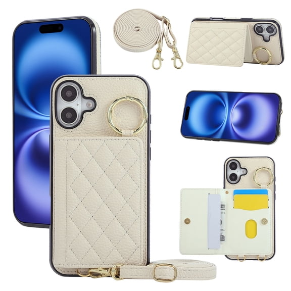 Decase iPhone 16 Plus Crossbody Wallet Case with Strap, PU Leather Shockproof Protective Phone Case Cover with Kickstand, Card Pocket, Cash Slot, Detachable Ring Holder, Lightweight and Anti-Scratch,