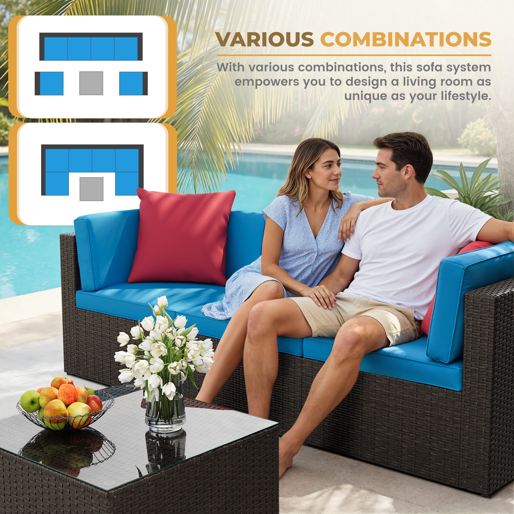 Lacoo 7 PCS Patio Outdoor Furniture Wicker Sectional Sofa with Cushion, Blue