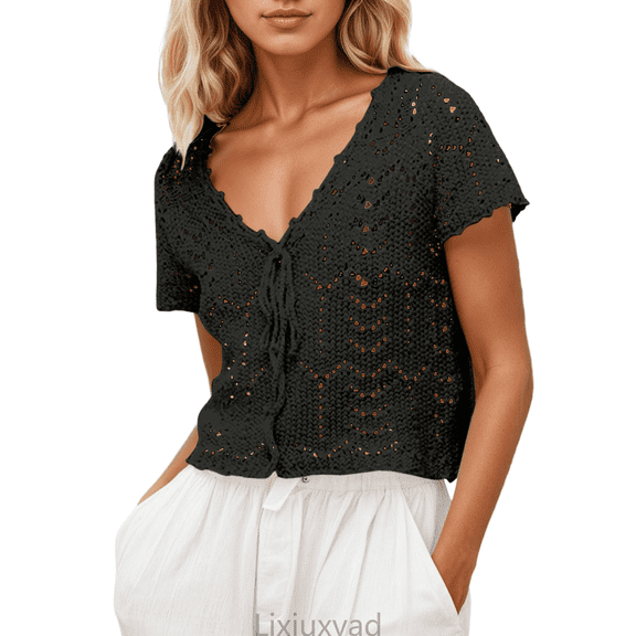 Lixiuxyad Womens Open Front Cardigan Breathable Lace Knit Summer Beach Cover Up For Lightweight Short Sleeve Open Front Cardigan,Black