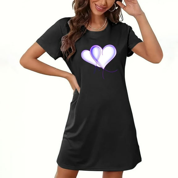 WREESH Women's Sleepshirts Oversized Short Nightgown Fashion Print Short Sleeve Nightdress Soft Sleepwear Black