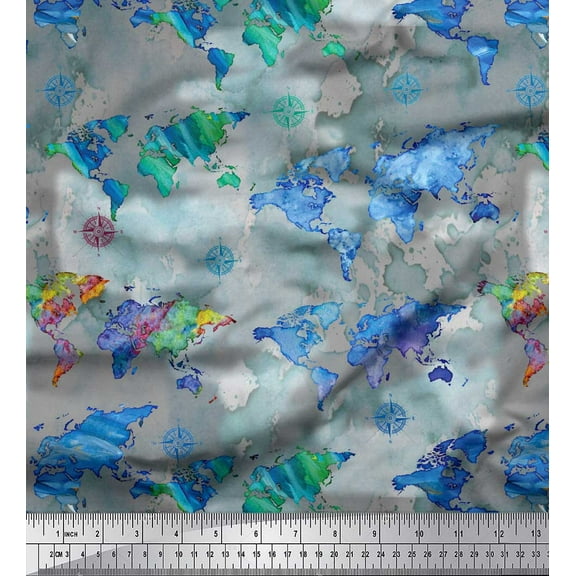 Soimoi Black Cotton Duck Fabric Direction Compass & World Map Decor Fabric Printed Yard 42 Inch Wide