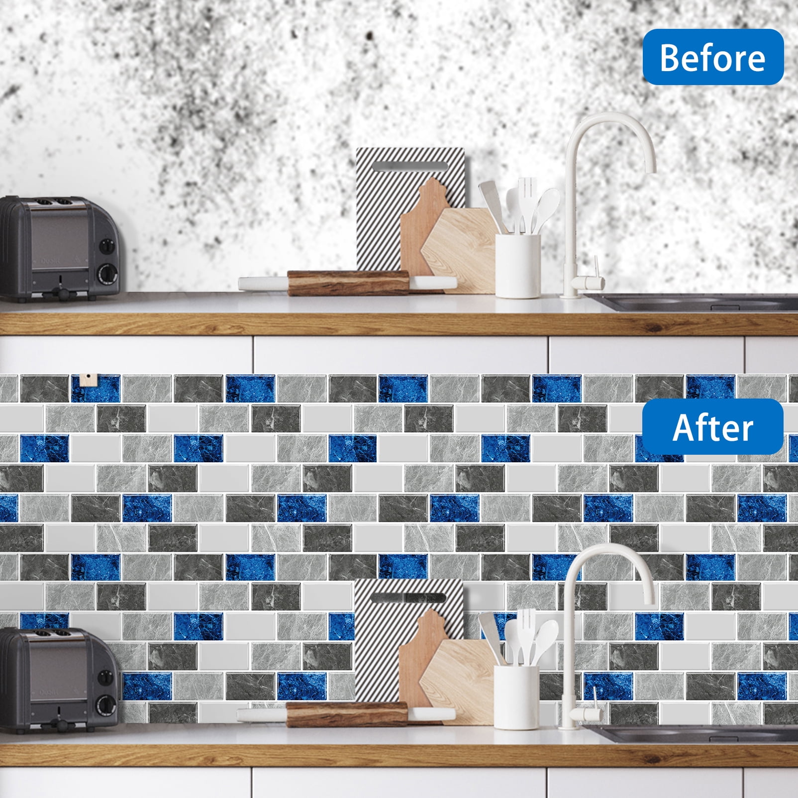 DEWOO Peel and Stick Backsplash - 10 Sheets of 12"×12" - 3D Adhesive Peel and Stick Tile Backsplash for Kitchen, Bathroom, Wall Tile, Blue Gray