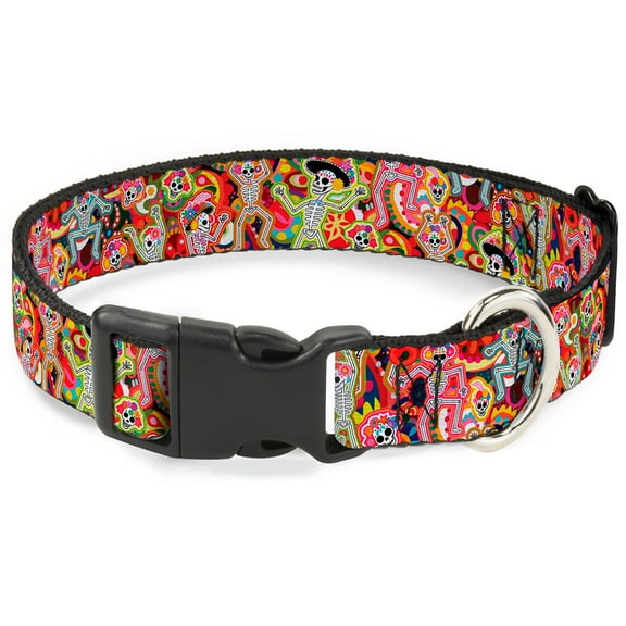 Thaneeya McArdle Pet Collar, Dog Collar Plastic Buckle, Dancing Catrinas Collage Multi Color, 16 to 23 Inches 1.5 Inch Wide