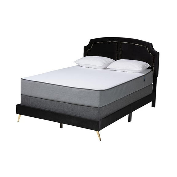 bali & pari Oxley Traditional Glam and Luxe Black Velvet and Gold Metal Queen Size Panel Bed