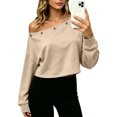 thumbnail image 3 of Women's Off Shoulder Crop Top Grommet Detail Long Sleeve Casual Pullover Sweatshirt, 3 of 9