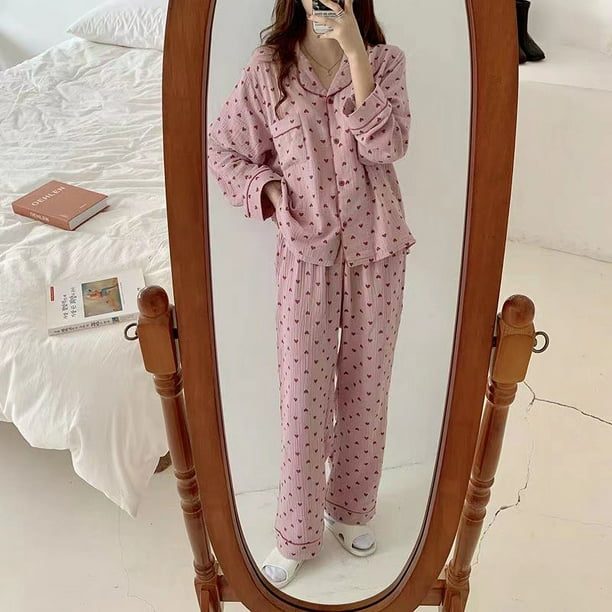 Women Pajama Set Button Up Long Sleeve Heart Pattern Turn Down Collar Loose Soft Women Sleepwear for Spring Autumn Home Pink L Walmart