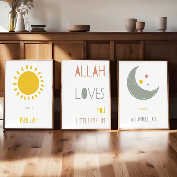 3pcs Unframed Islamic Quotes Bismillah Alhamdulillah Canvas Posters Modern Cartoon Sun and Moon Wall Art Decorative Religious Paintings for Home Office Bedroom Living Room Classroom Dormitory Decora