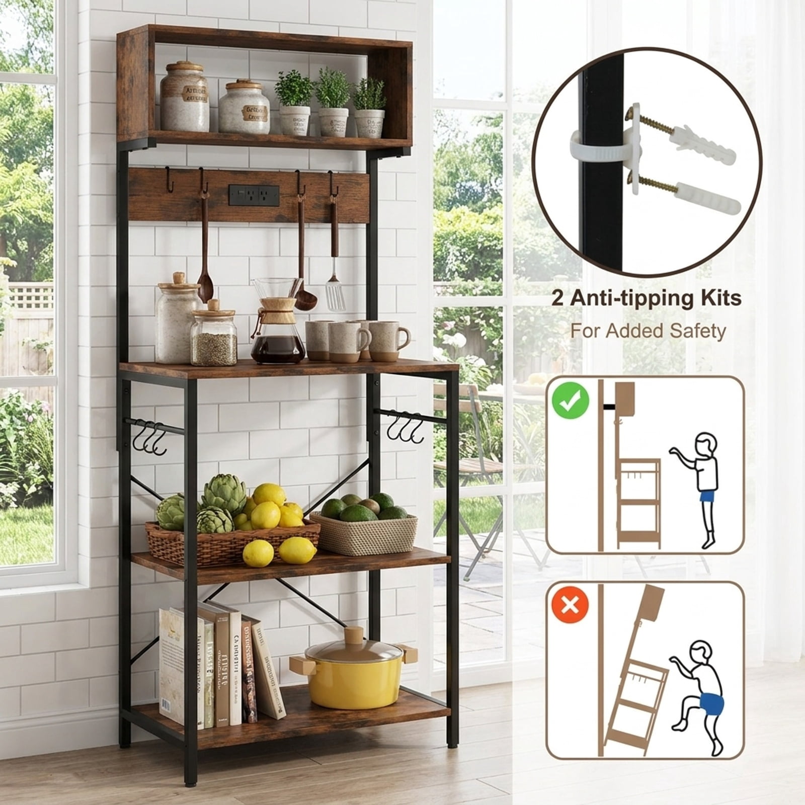 RUIE 60 Inch Tall Microwave Stand with Open Shelves, Kitchen Baker's Rack with Built-in Power Strip and 10 Hanging Hooks, Rustic Brown