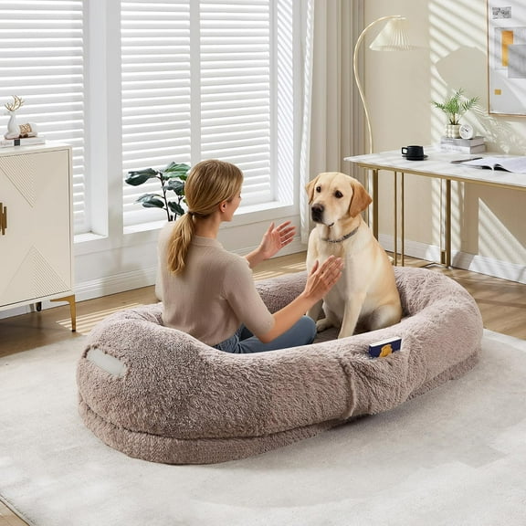 IDEALHOUSE Human Dog Bed for Adults & Pets, 67.7"x43.3" Extra Large Bean Bag Bed with Pillow, Removable Washable Faux Fur Cover, Memory Foam, Handle & Side Pocket, Coffee