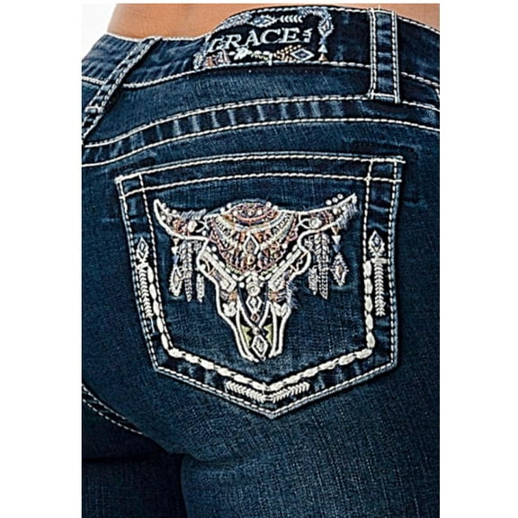 Grace in LA Women's Western Cow Skull Embellished Pockets Bootcut Stretch Jeans (25)