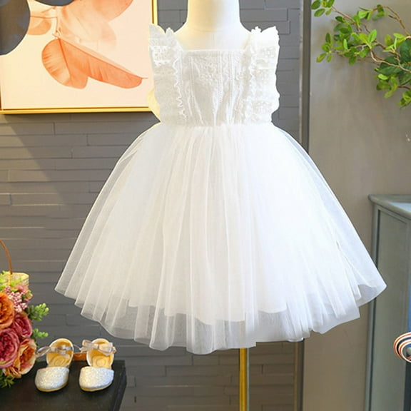 July 4Th Girls Holiday Dresses Size 14-16 Gold Summer New Sleeveless White Girls Fashion Button Mesh Splicing Princess Dress