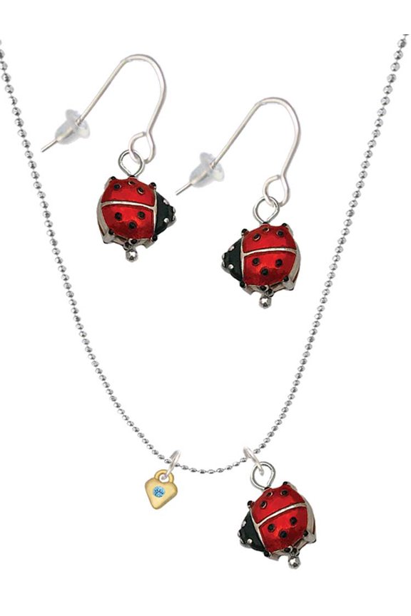 Goldtone Mini March - Hot Blue Crystal Heart Red Lucky Ladybug Necklace and Dangle Earrings Set