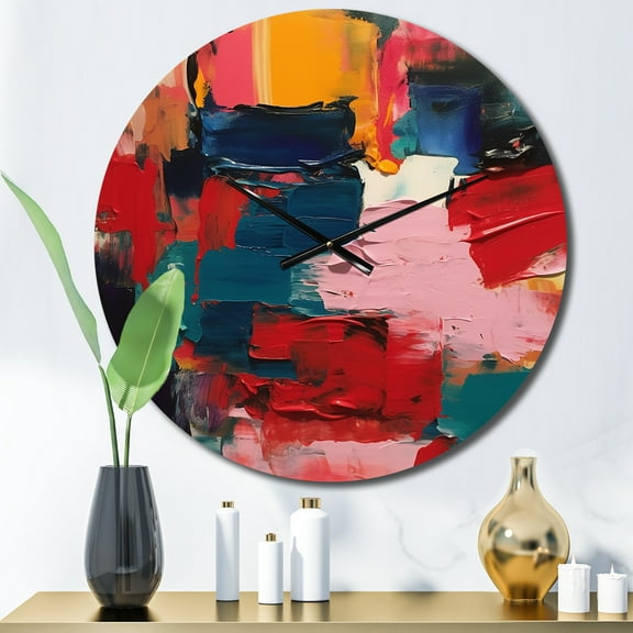 Designart "Cubist Fusion Red Teal Abstraction" Cubism Oversized Wall Clock