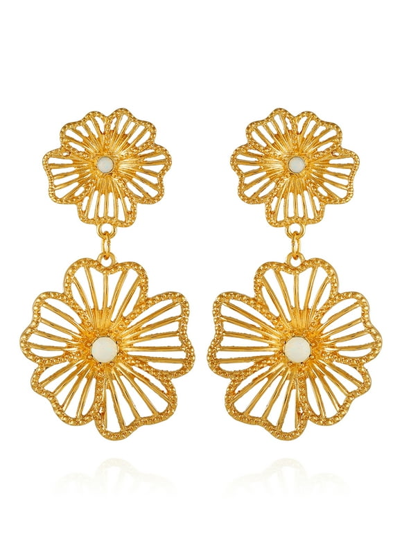 Time and Tru Women's Gold Tone Open Flower Statement Earring with Opal Stones