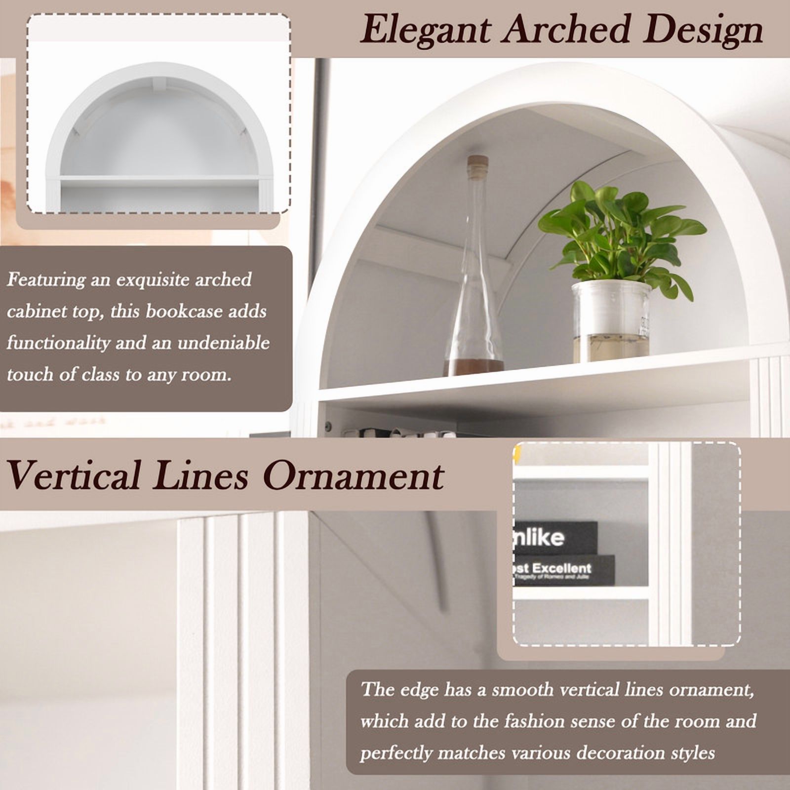 Arched Display Bookshelf with Adjustable Shelves, Kitchen Pantry Storage Cabinet with Drawer, Freestanding Cupboard