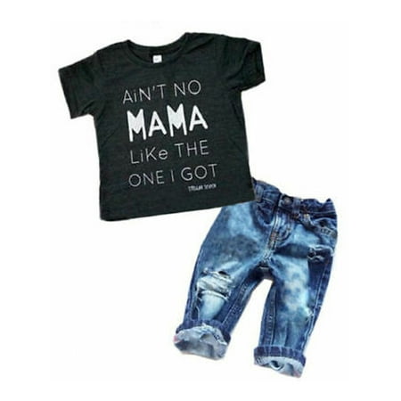 

Livingsenburg Newborn Toddler Infant Baby Boy Girl Casual Clothes Set Short T-shirt Top Long Denim Hole Pants Outfits