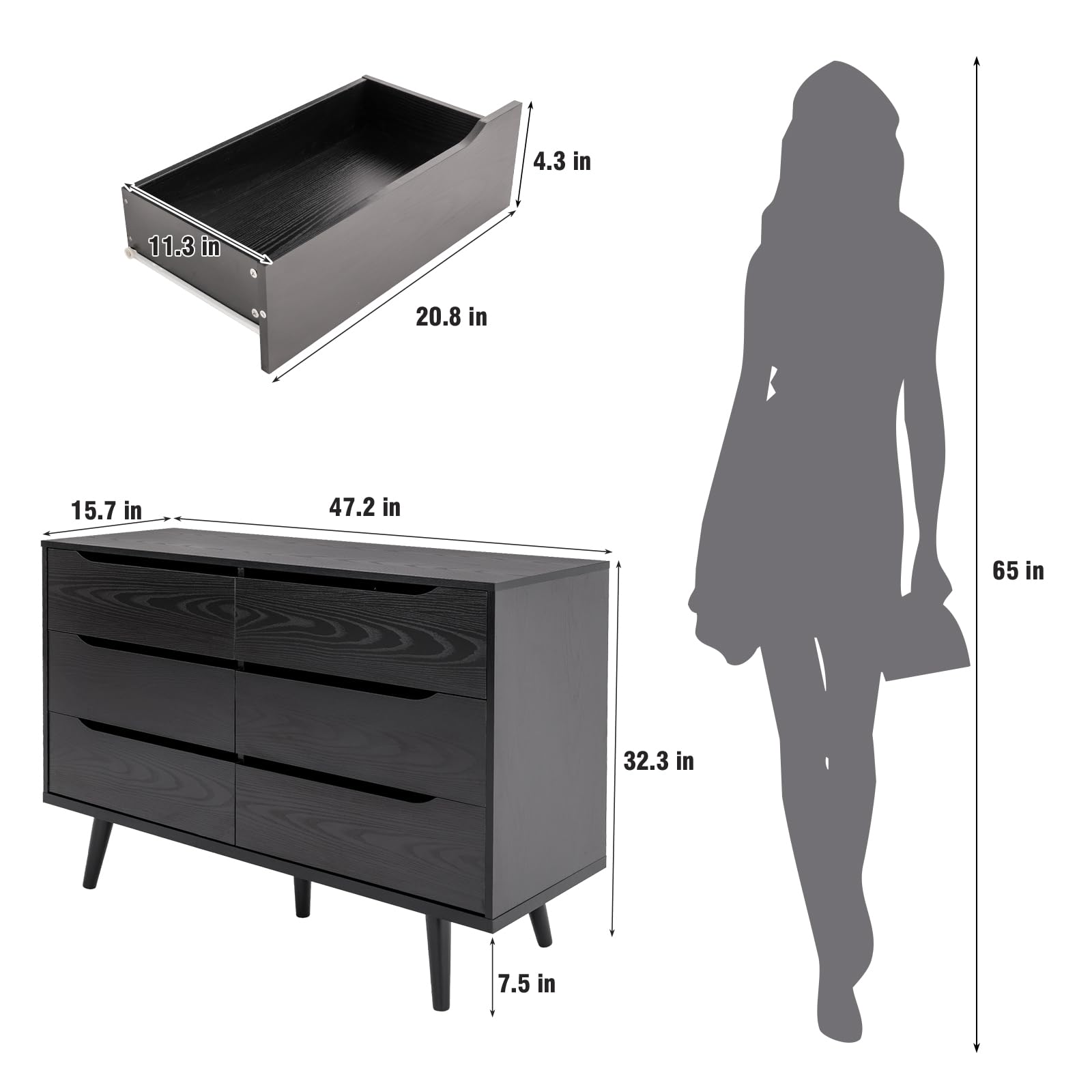 HARBOURSIDE 6-Drawer Dresser, Modern Mid-Century Chest for Bedroom, Living Room, Black