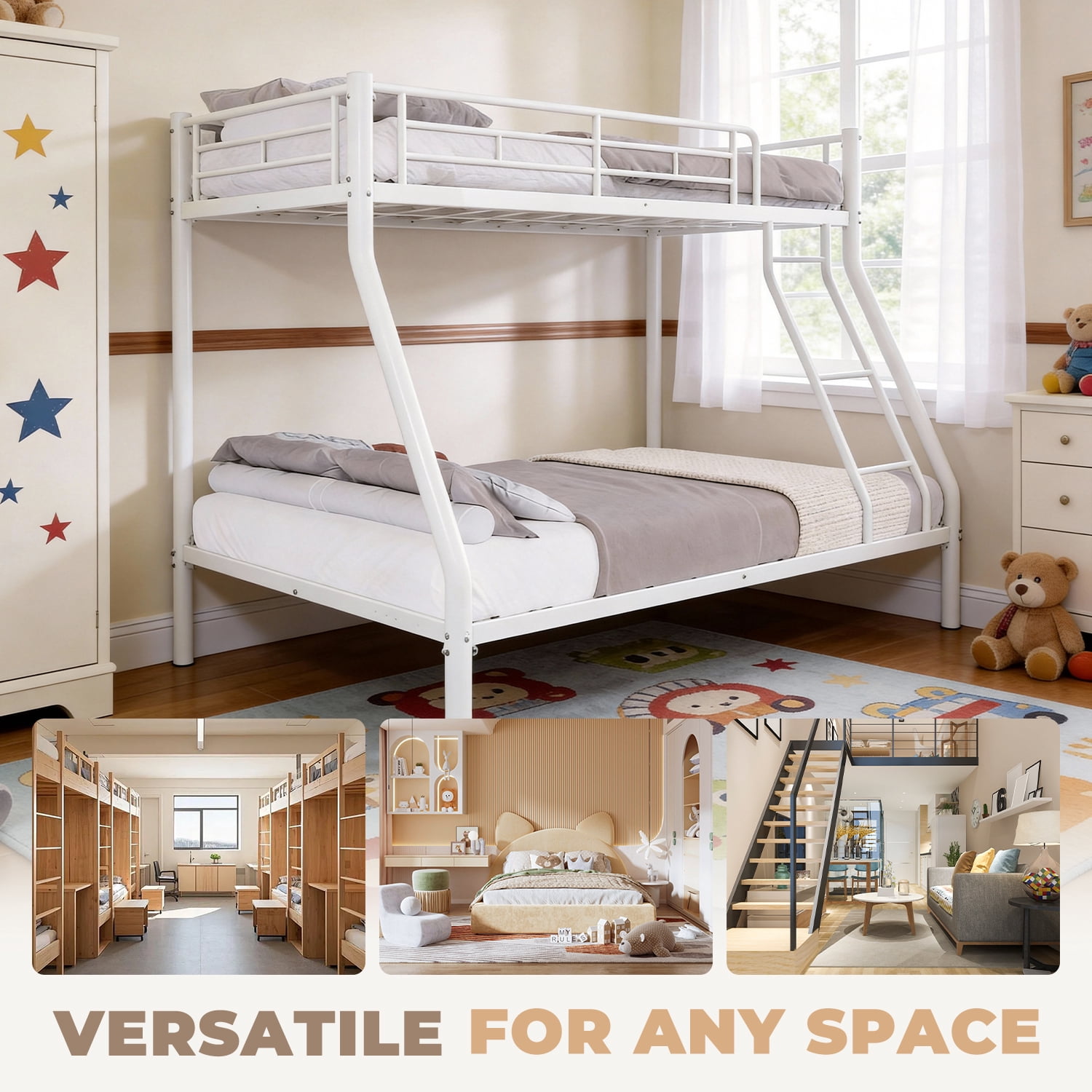 BaPiPro Metal Bunk Bed Twin Over Full Size with Removable Stairs, Heavy Duty Metal Frame for Teens & Adults, No Box Spring Needed, White