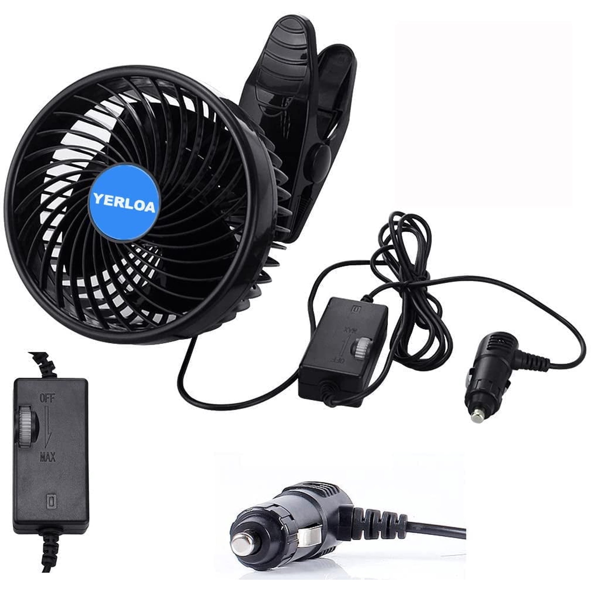 Yerloa 6‘’ 12V Car Fan Auto Cooling Fan Vehicle Clip Fans, Low Noise 360 Degree Rotating Step-less Speed Car Fans with Adjustable Clip & Cigarette Lighter Plug for Vehicle Truck RV SUV Boat-2026 NEW