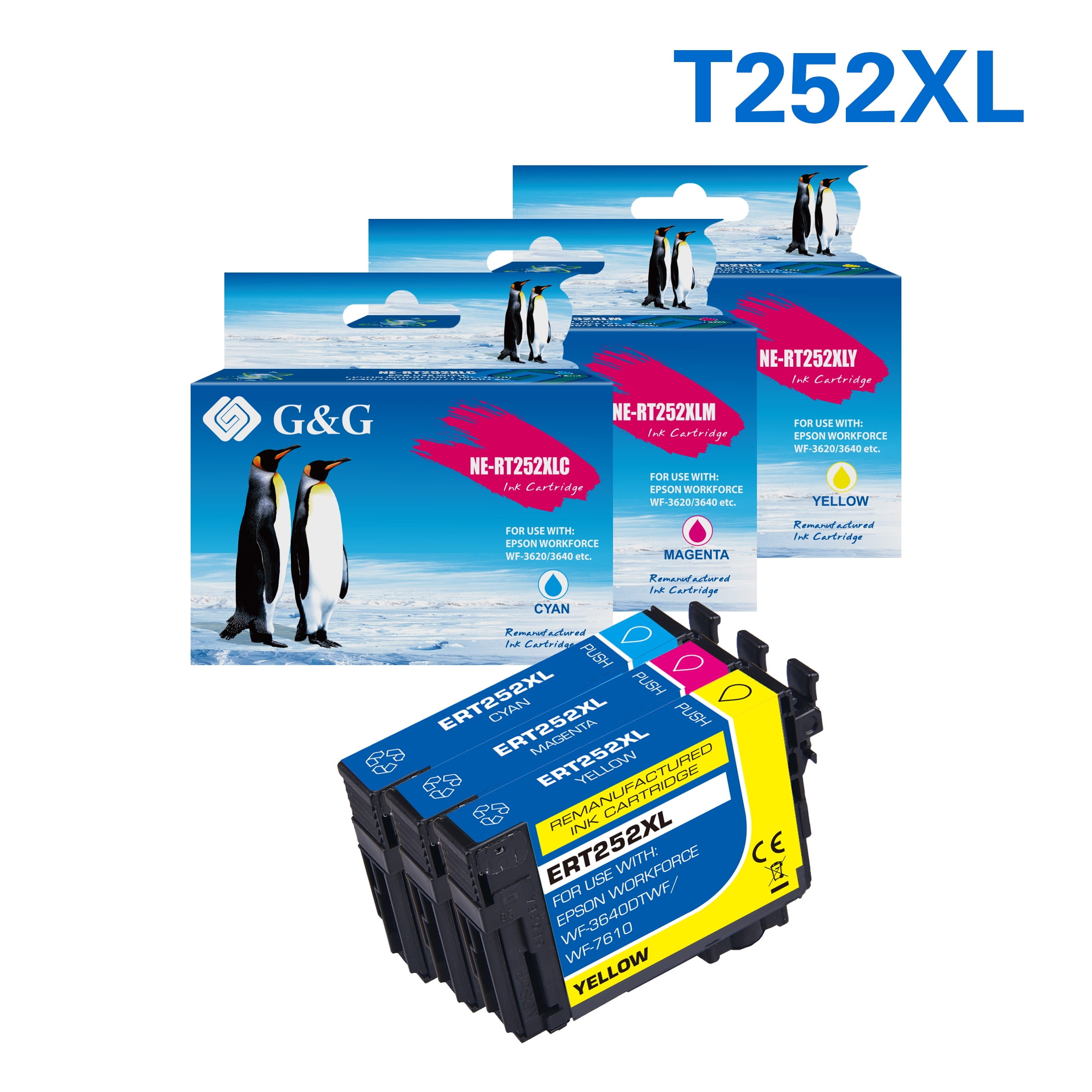 G&G 252XL T252XL Ink Cartridge used for Epson Workforce WF-7720 WF-7710 WF-7610 WF-3640 WF-3620 CMY 3-Pack