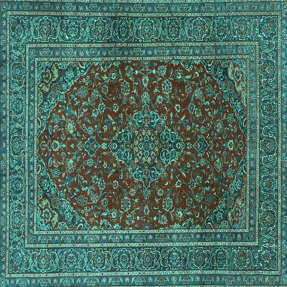 Ahgly Company Machine Washable Indoor Square Medallion Turquoise Blue Traditional Area Rugs, 8' Square