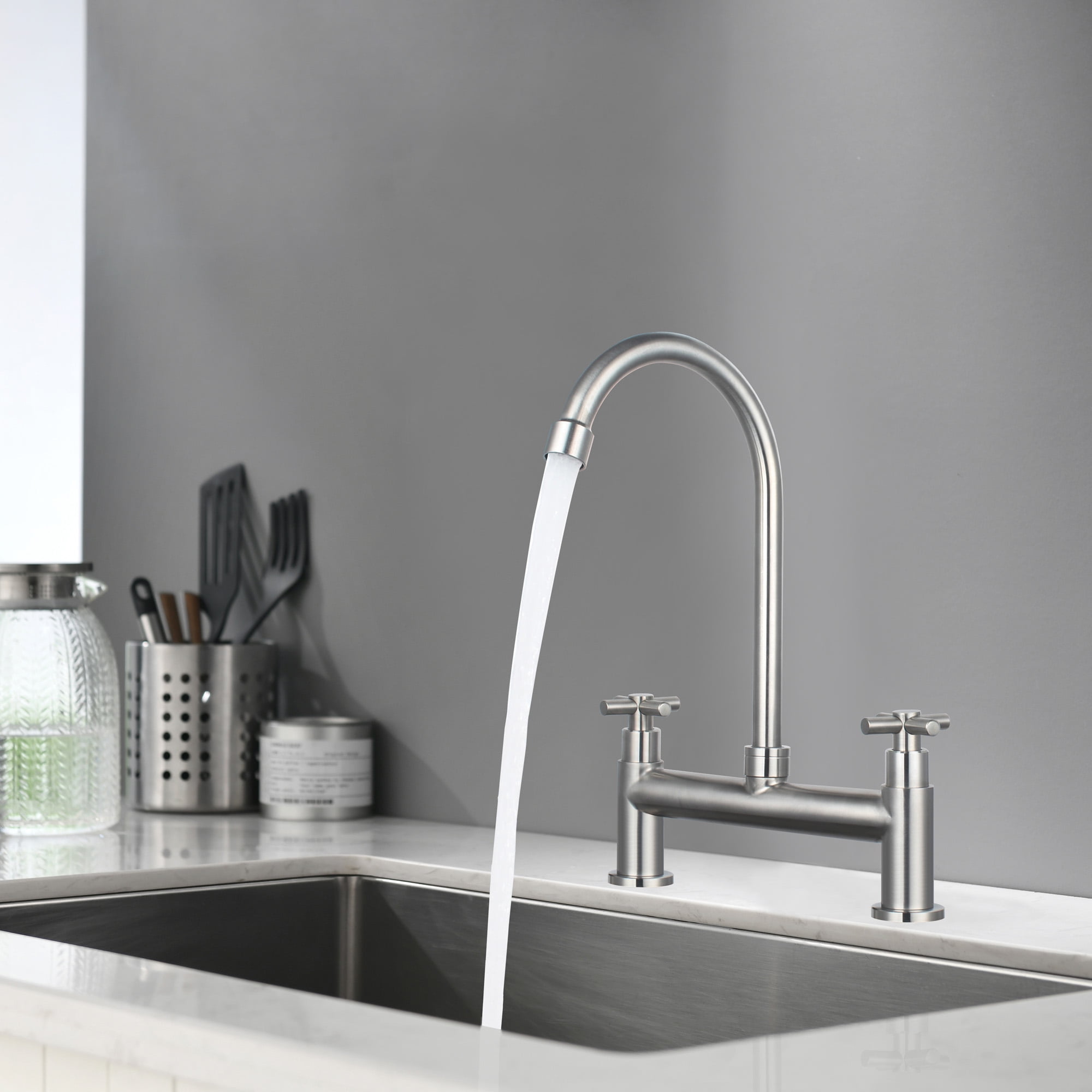 UMANYI Kitchen Faucet Deck Mount 8" Spread 2 Hole Double Handle Utility Sink Faucet Commercial Faucet 6" Swing Spout