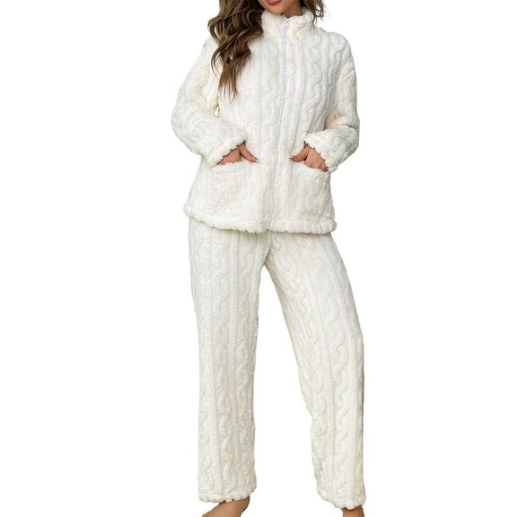 YUGYXL Womens Pajamas Sets Fuzzy Fleece 2 Piece Sleepwear Zip Up Jacket Coat Winter Pjs Pants Warm Loungewear with Pockets White XXXL