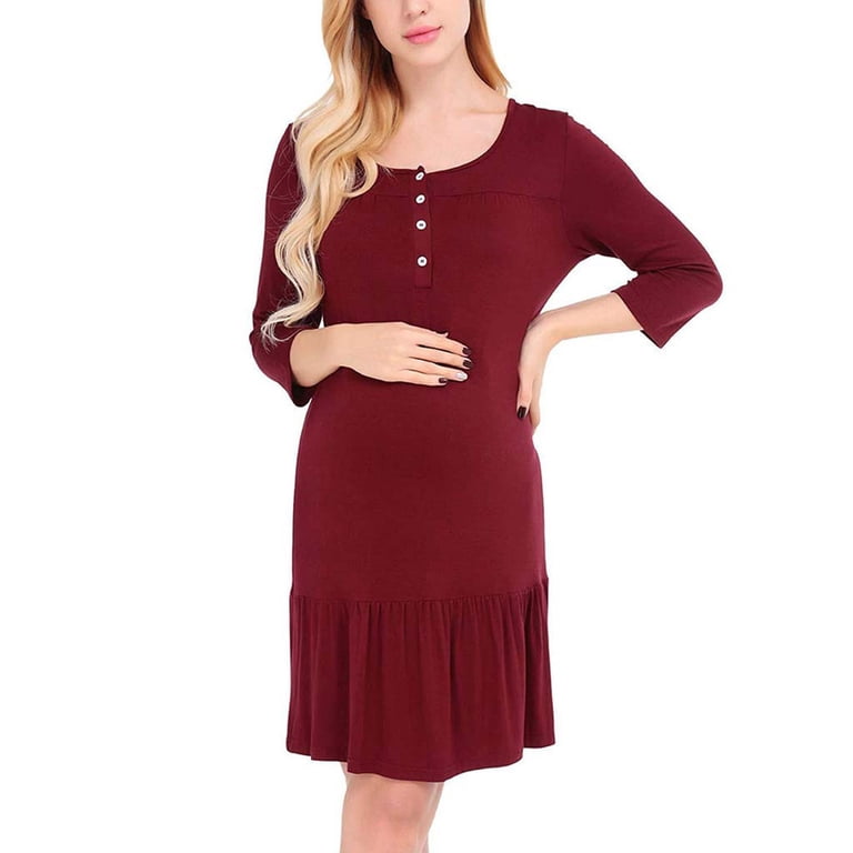 Jinhomg Womens Fall Nursing Dress Comfy 3/4 Sleeve Button Up Midi Dress  Plus Size Comfy Solid Ruffle Hem Breastfeeding Dresses Summer Saving Red L  - Walmart.com