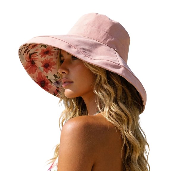 Summer Sun Hat for Women Floral Print Reversible Wide Brim Hat Sun Protection Cap
