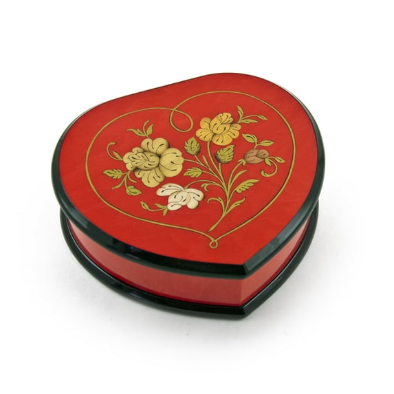Elegant 30 Note Cherry Red Heart Shaped Music Jewelry Box with Floral in Heart Frame Inlay - Wonderful Tonight