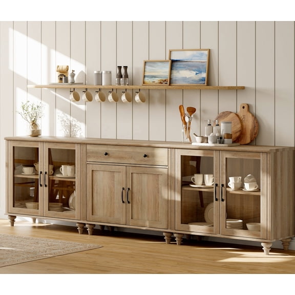 WAMPAT Oak Buffet Sideboard with Glass Doors, Farmhouse Wood Storage Cabinet, Multipurpose Console for Dining Room, Living Room, Fits 100 inch TV