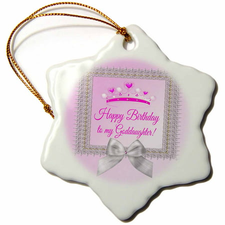 3dRose Princess Crown Silver Frame, Bow, Happy Birthday, Goddaughter, Pink - Snowflake Ornament, 3-inch