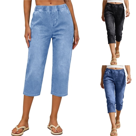 Admvng Womens Elastic Waist Denim Capri Pants with Side Pockets Soft Lightweight Cropped Jeans